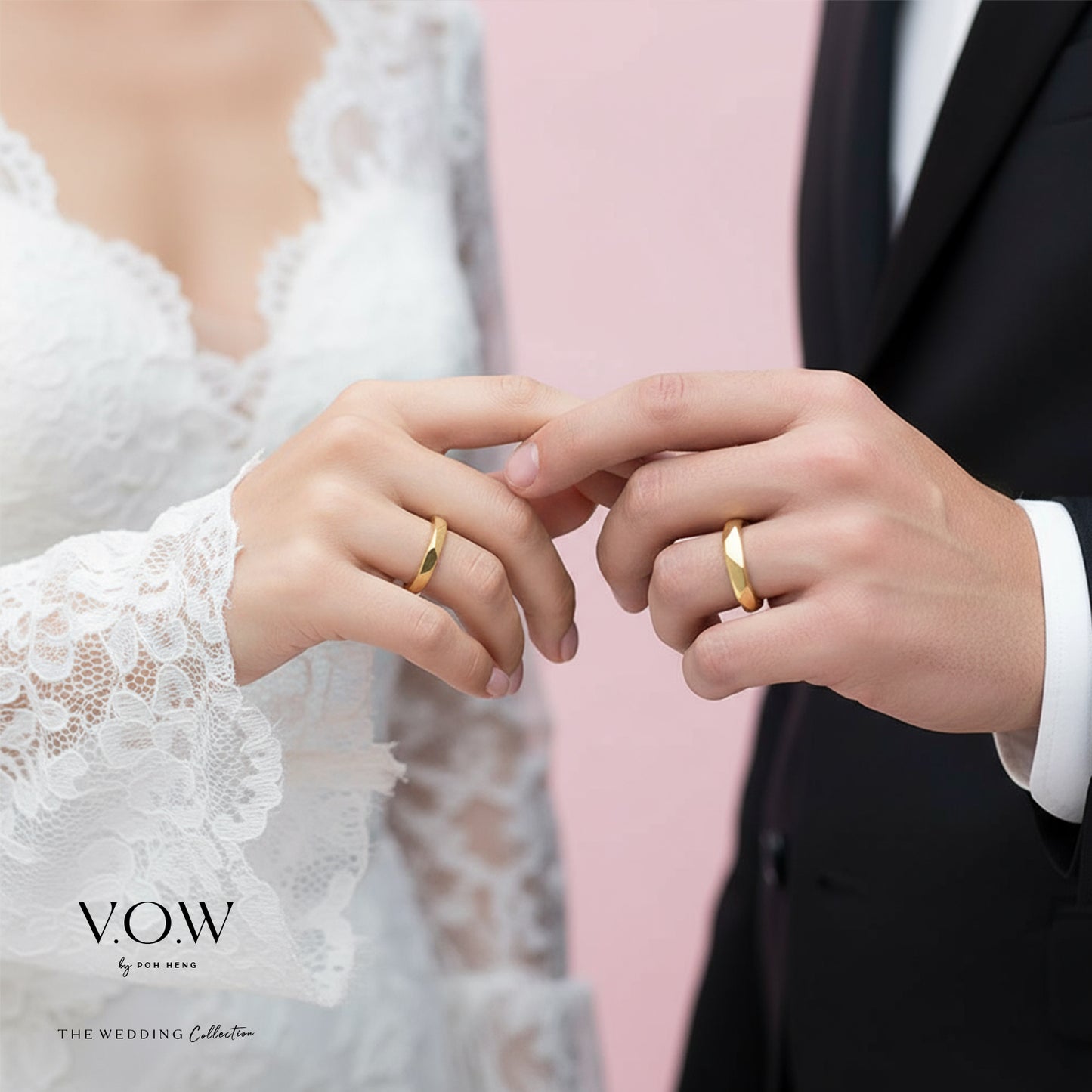 champagne gold endless love band with elegant design worn on bride and groom's hands celebrating love.