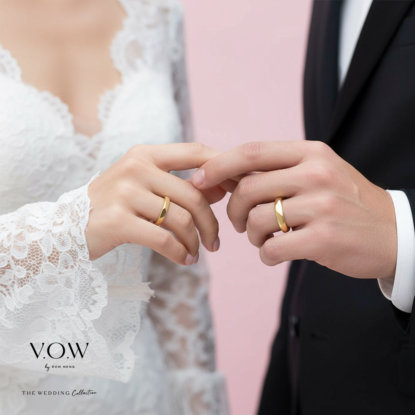 Champagne gold Endless Love Band with elegant design worn on bride and groom's hands celebrating love.