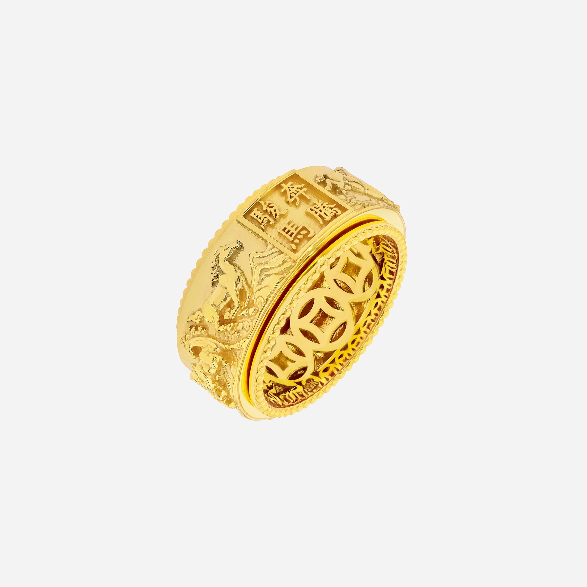 Majestic Gallop Spinning Ring in 22K yellow gold with galloping horse design and intricate detailing.