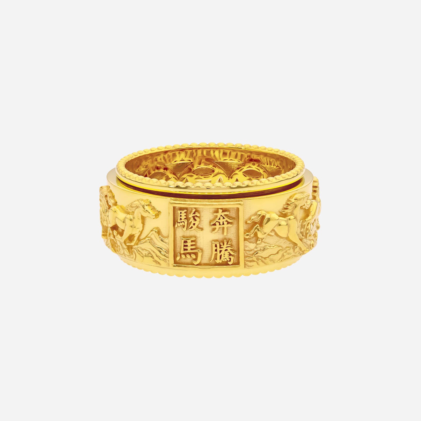 majestic gallop spinning ring in 22k yellow gold with galloping horse design and sculpted band details.