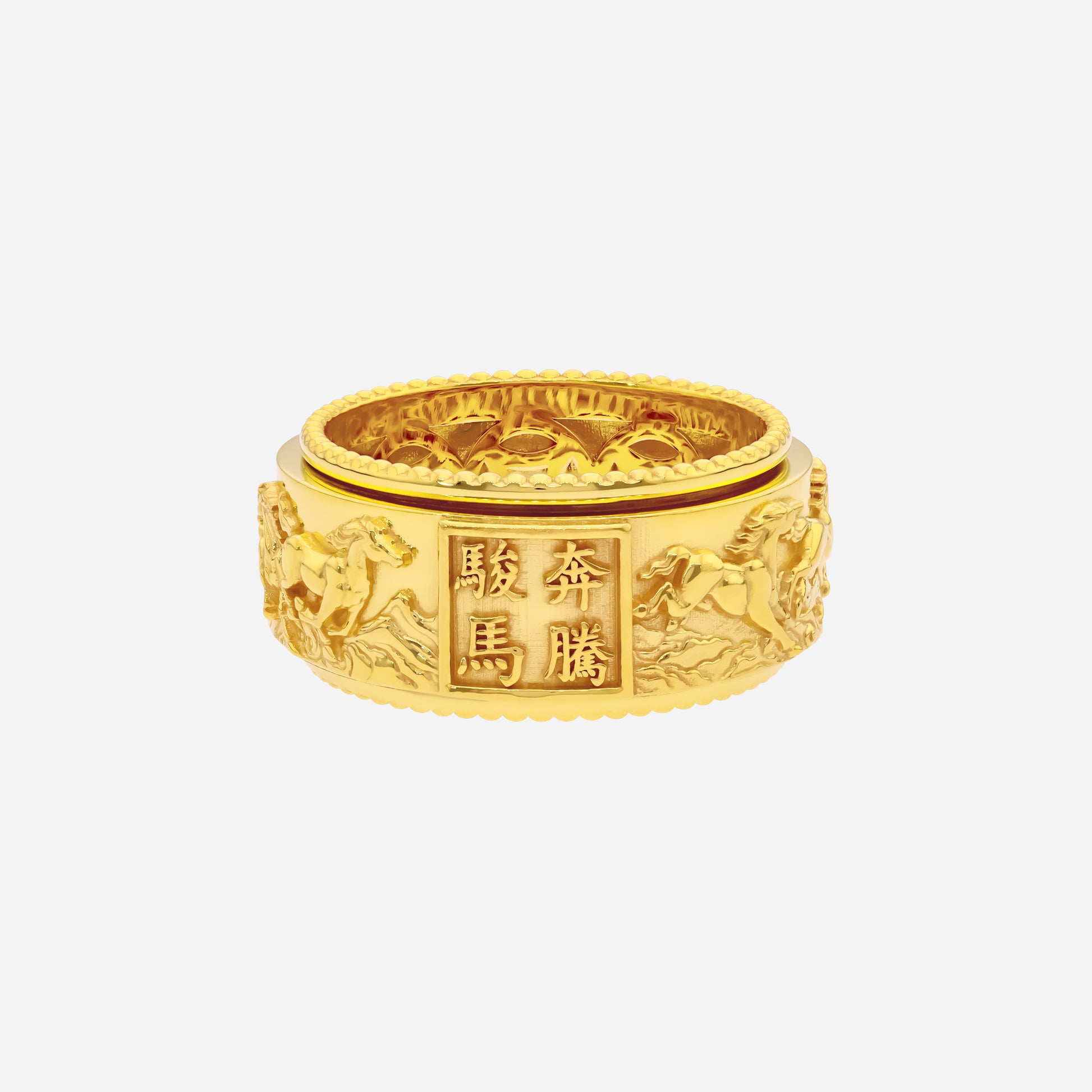 Majestic Gallop Spinning Ring in 22K yellow gold with galloping horse design and sculpted band details.
