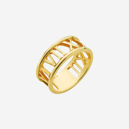 Roman numeral ring in 22K yellow gold with an elegant open design showcasing classic motifs.