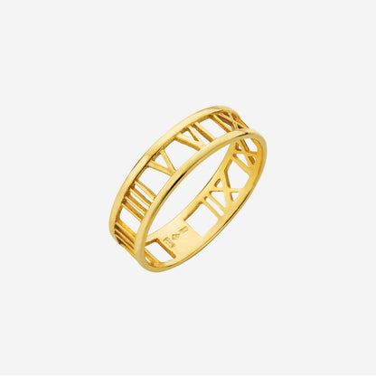 Classic 22K yellow gold Roman numeral ring with intricate motifs, featuring a polished finish and elegant design.