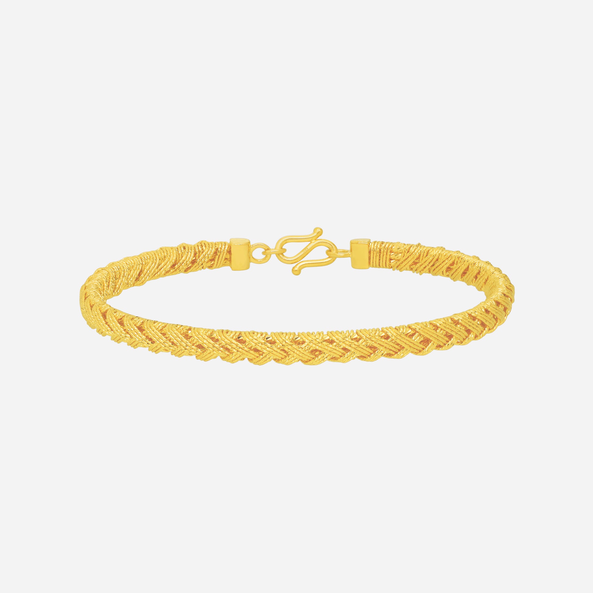 Gilded Braid Bangle in 24K Yellow Gold featuring an intricate braided design, smooth finish, and elegant clasp.