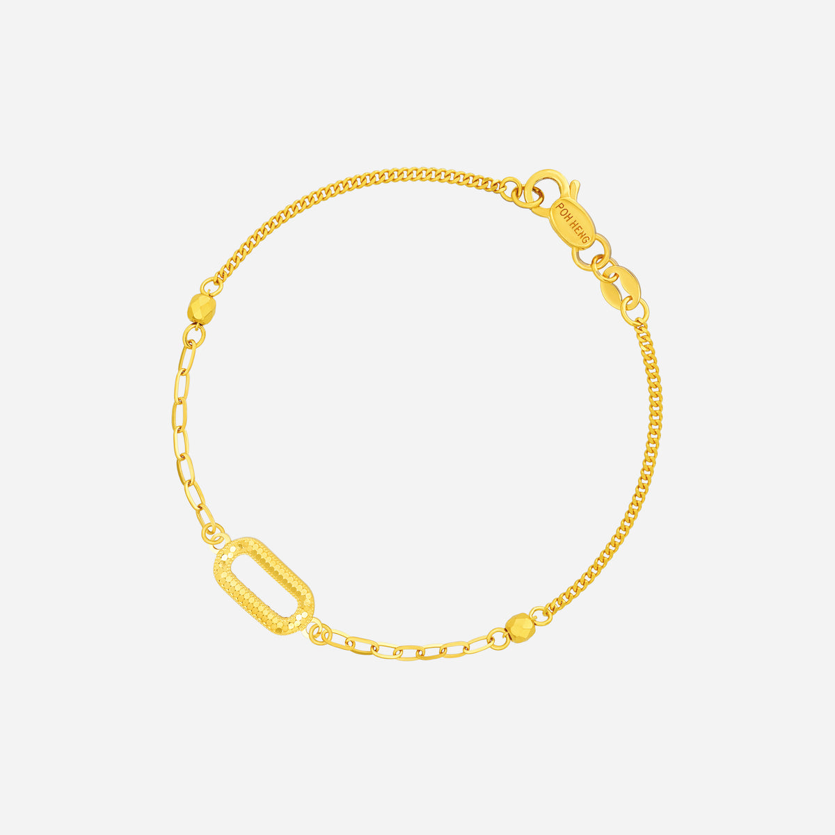 aurora oval bracelet in 22k yellow gold with sculpted accent and sleek chain links, perfect for layering or solo wear.
