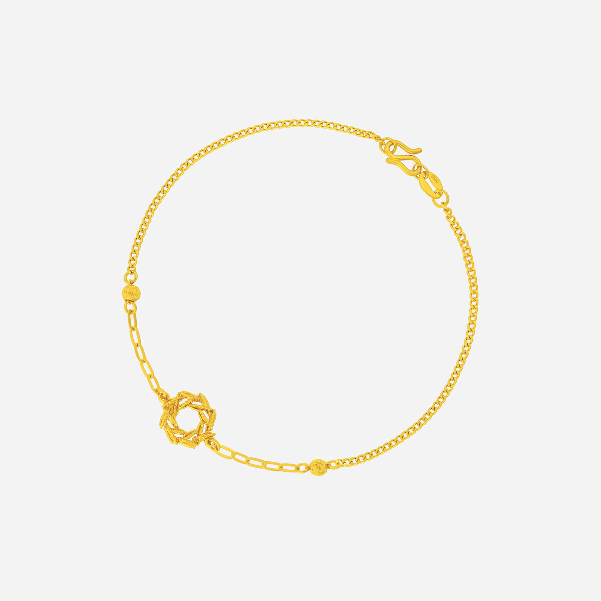 Dazzling Willow Bracelet in 24K yellow gold, featuring a textured leaf design on a mixed-link chain with faceted beads.