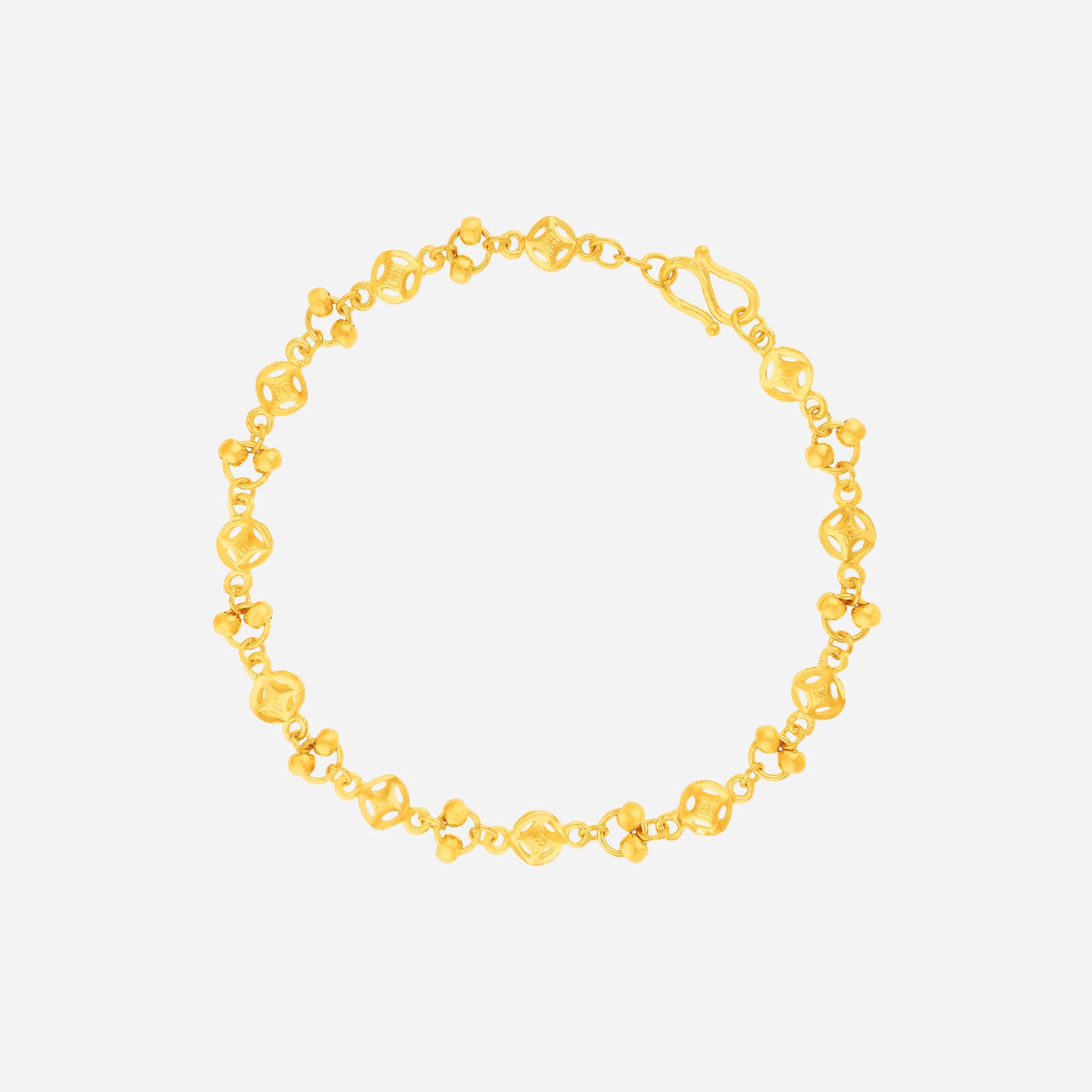 sparkle coin link bracelet in 24k yellow gold with coin motifs and rounded bead accents in circular links.
