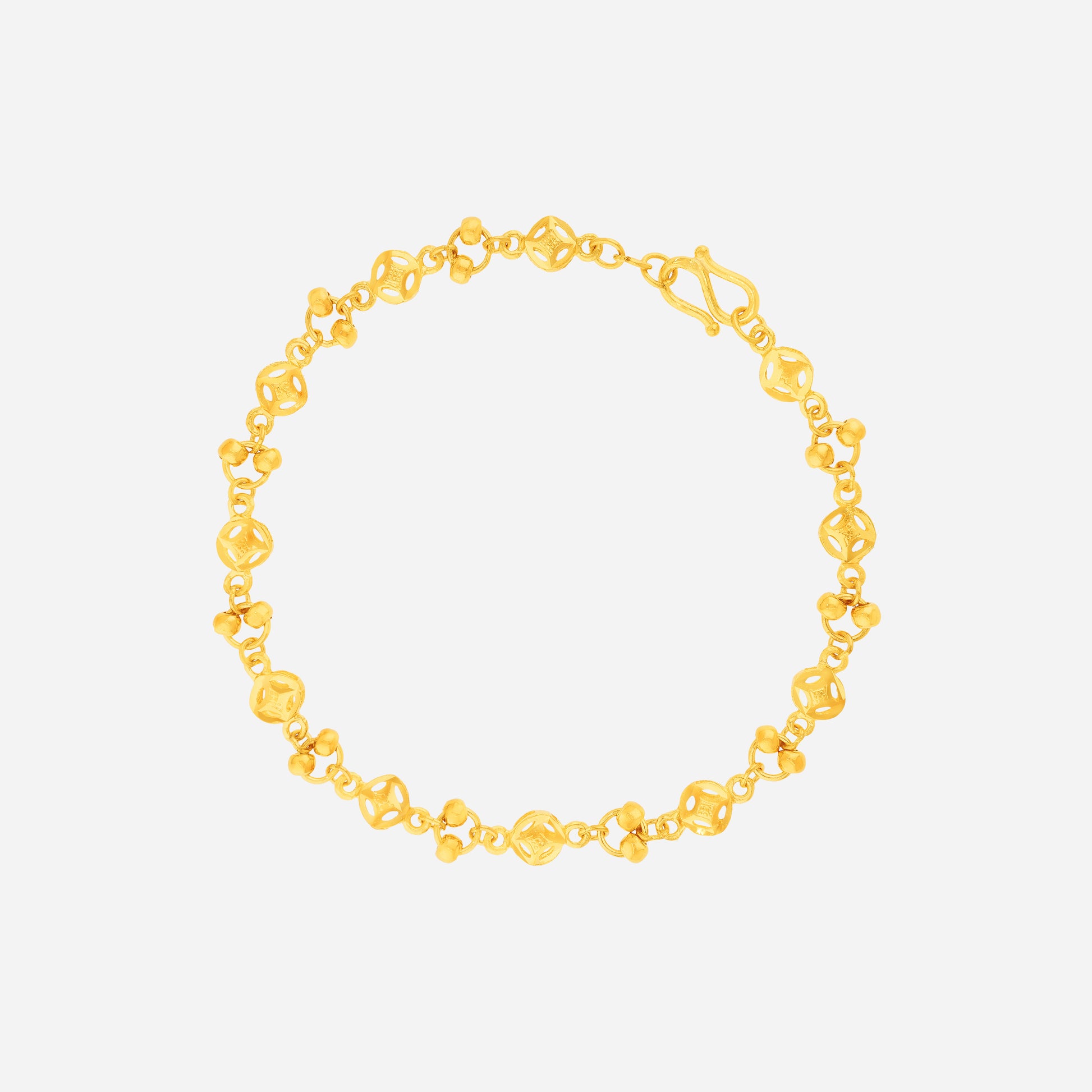 Sparkle Coin Link Bracelet in 24K Yellow Gold with coin motifs and rounded bead accents in circular links.