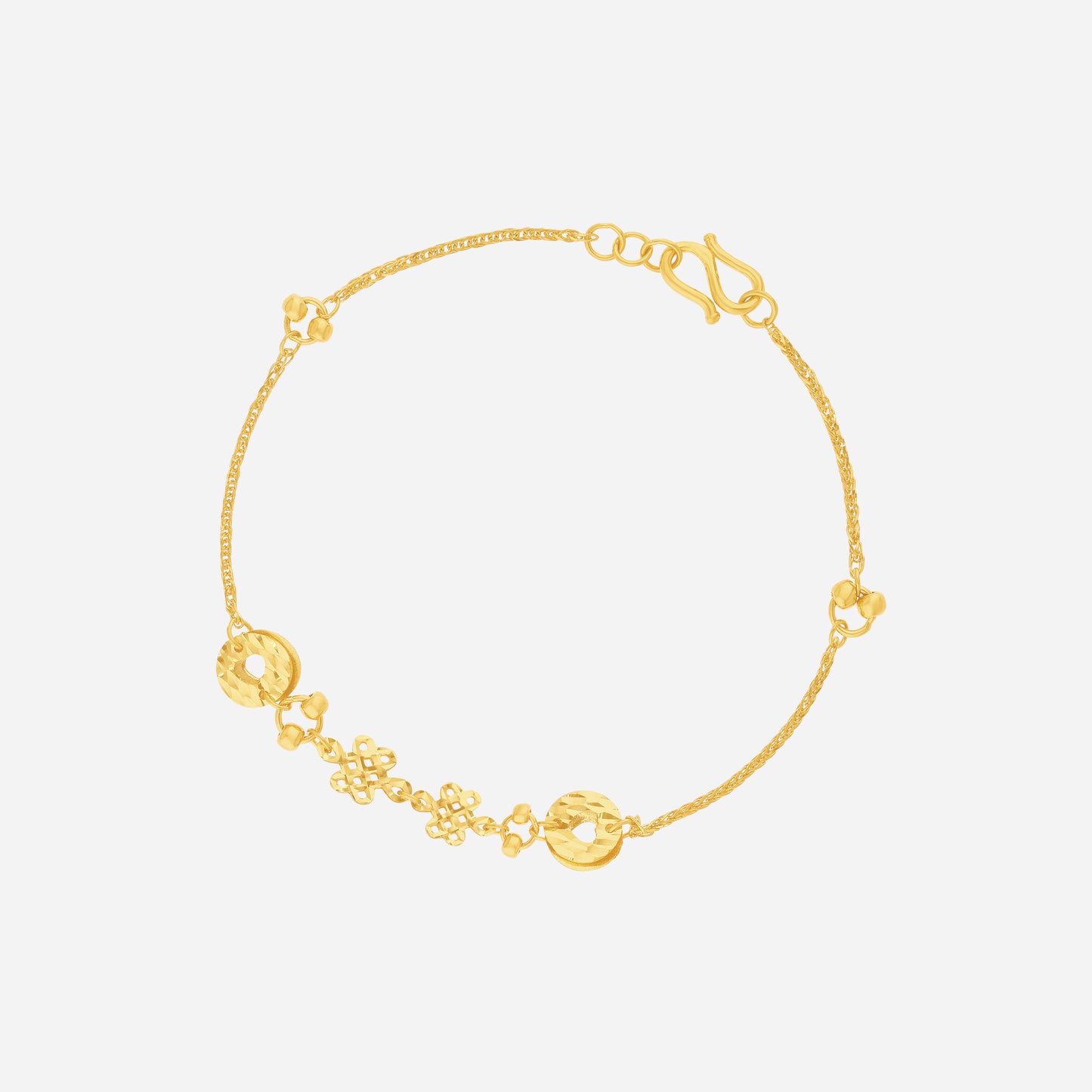 sparkle eternity knot link bracelet in 24k yellow gold with intricate knot and circular link design.