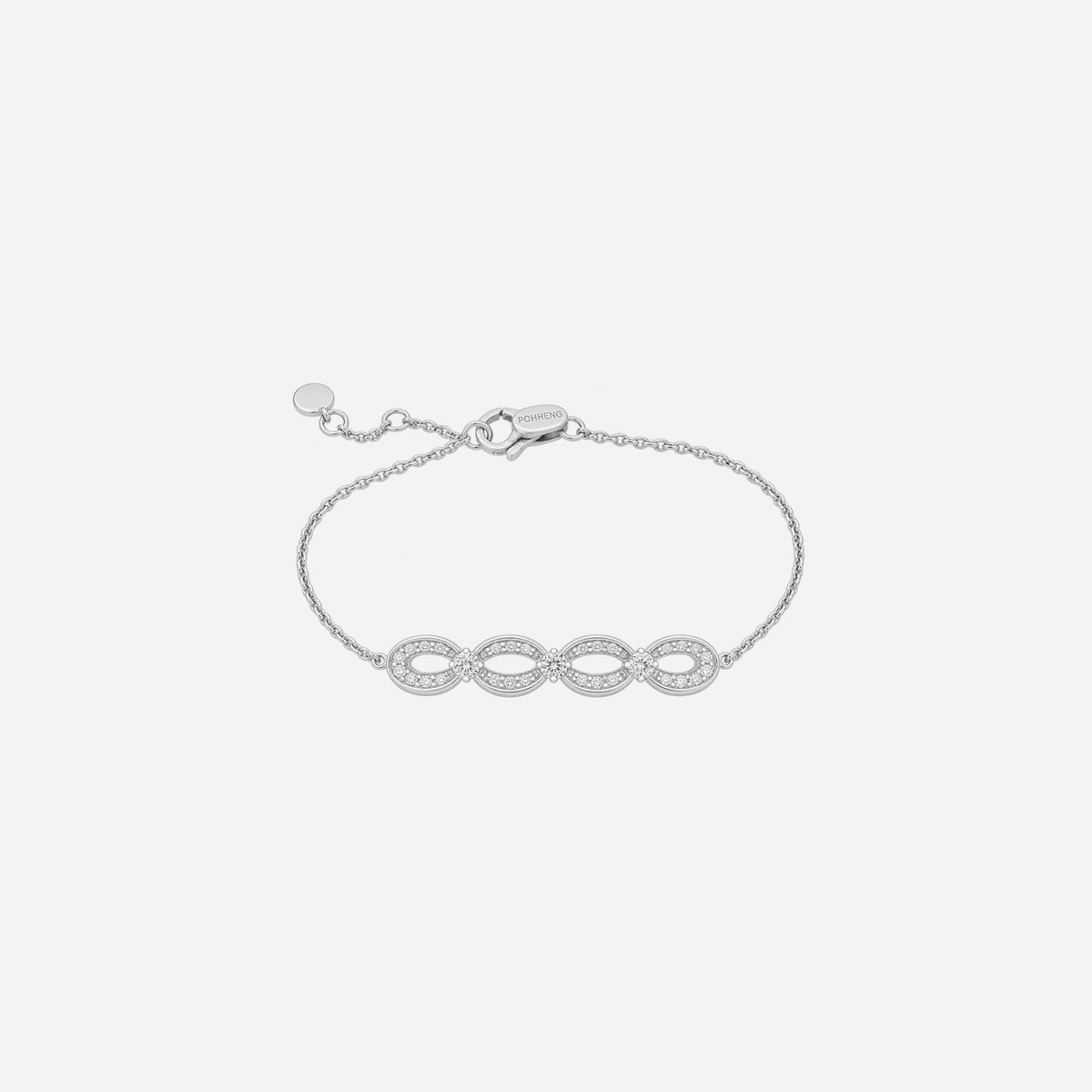 infinity grace diamond bracelet in 18k white gold featuring four diamond-studded infinity symbols on a fine chain.