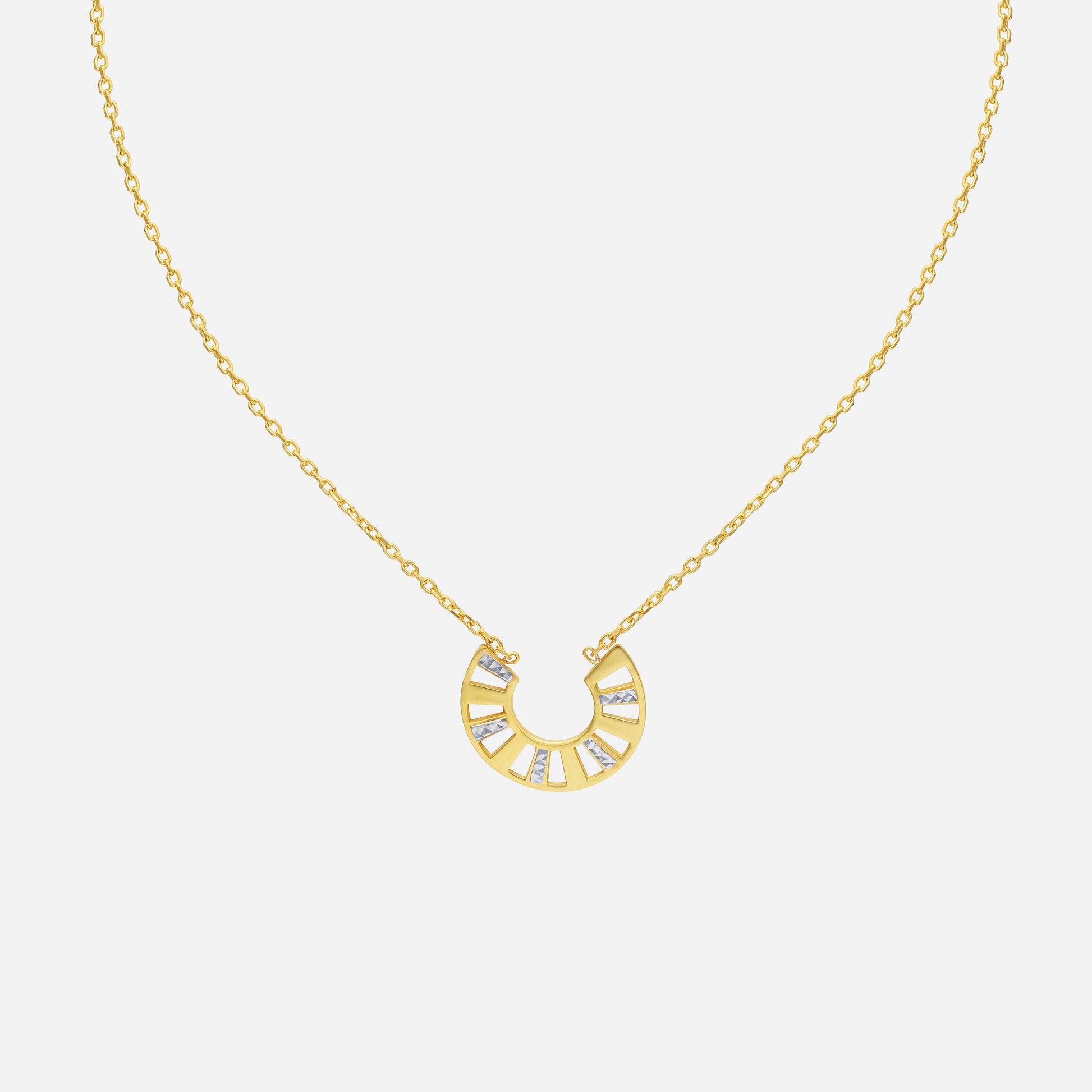 Arc Curve Necklace in 22K yellow and white gold with a modern arc design and geometric gemstone accents.