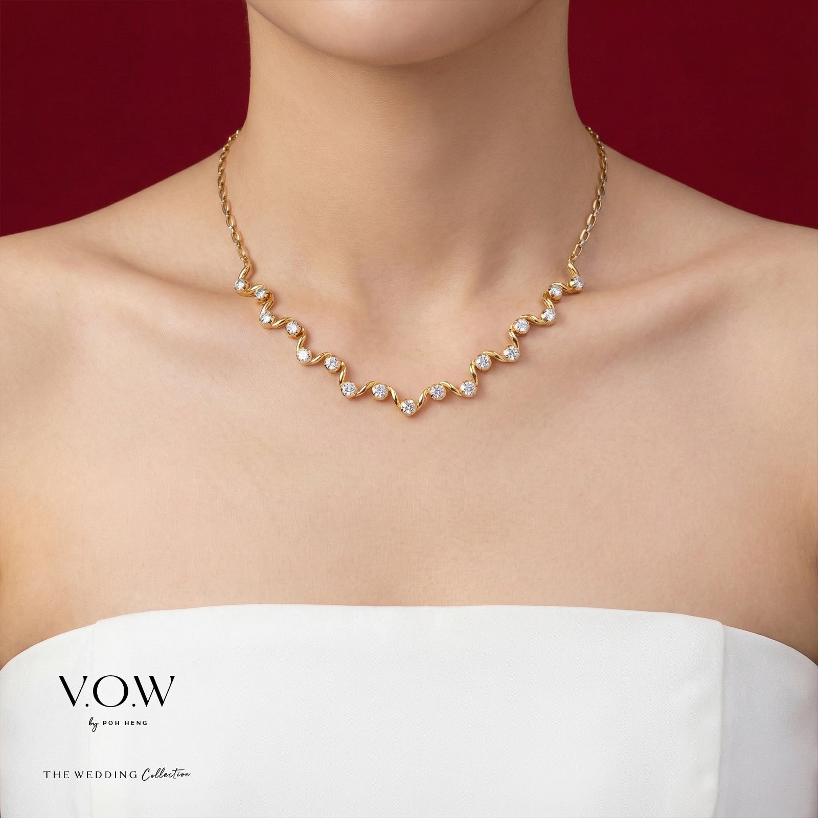 Flowing Romance Necklace in yellow and white gold showcasing a wavy design with sparkling gemstones. Perfect for weddings.