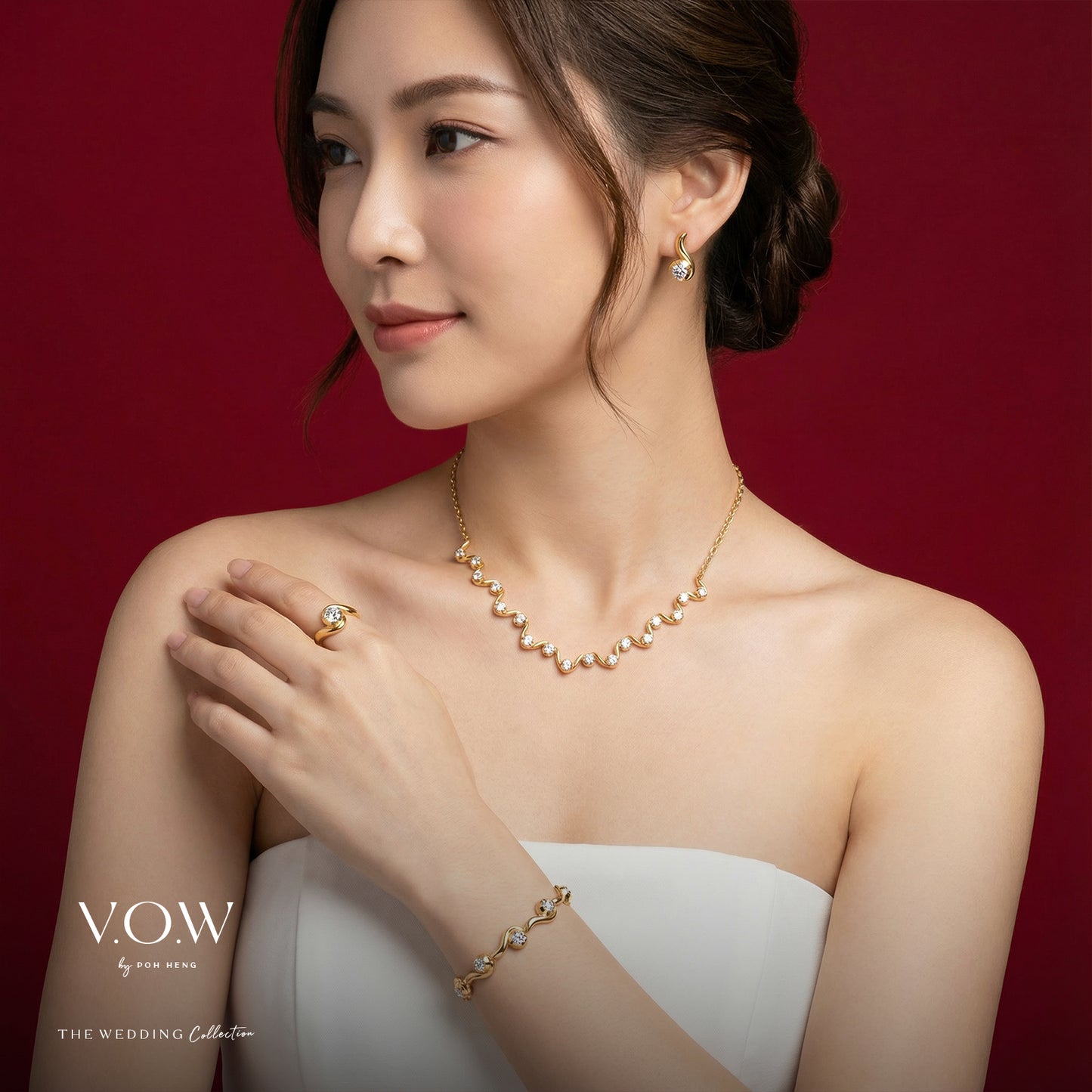 flowing romance necklace in yellow and white gold with a graceful wave design, featuring sparkling gemstones.