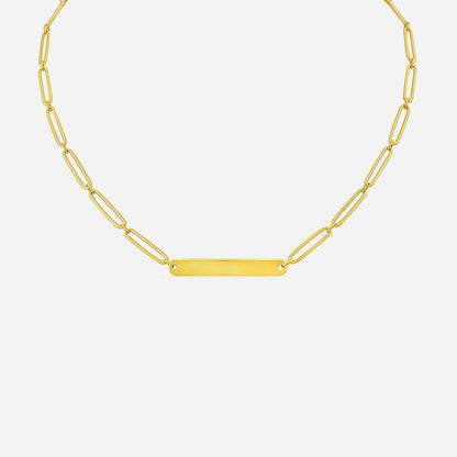 22K yellow gold Love Script chain necklace with sleek engravable plate and elegant link design. Perfect gift or keepsake.