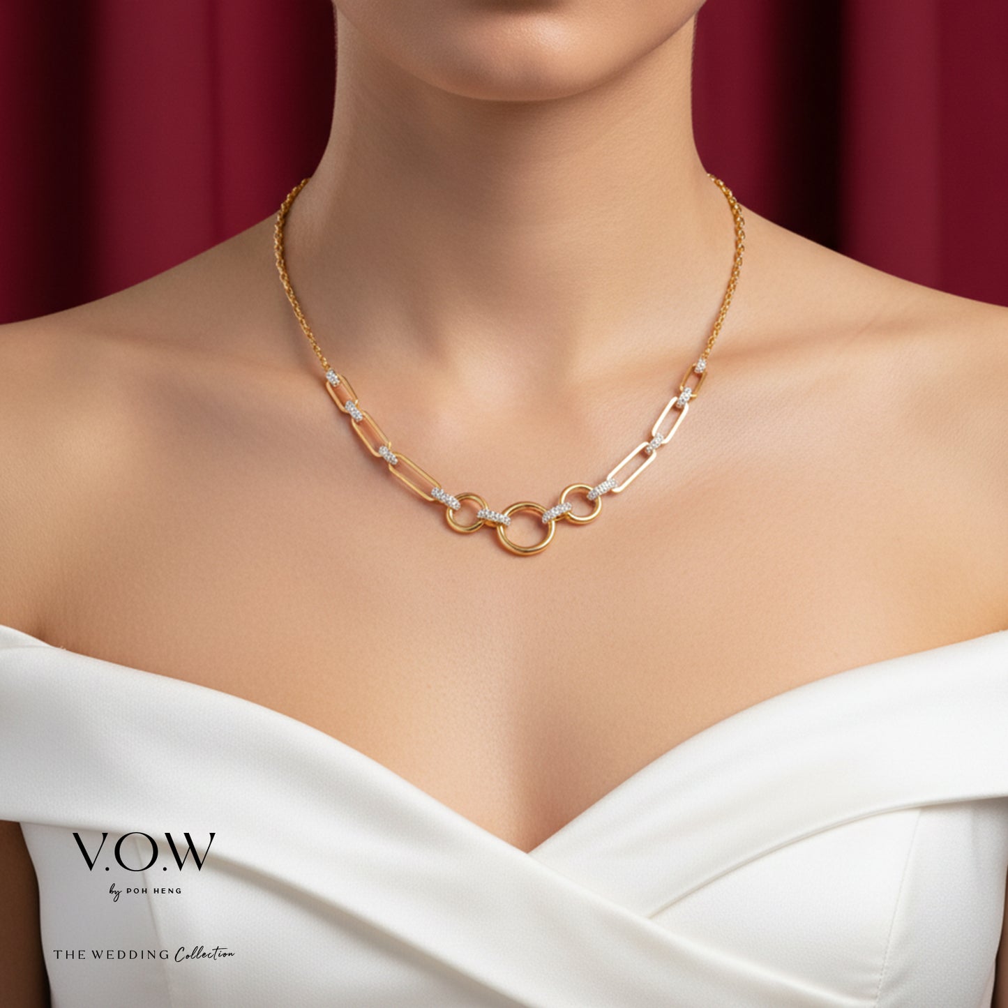 circle of glamour necklace in 22k yellow and white gold with interlocking rings and sparkling accents.