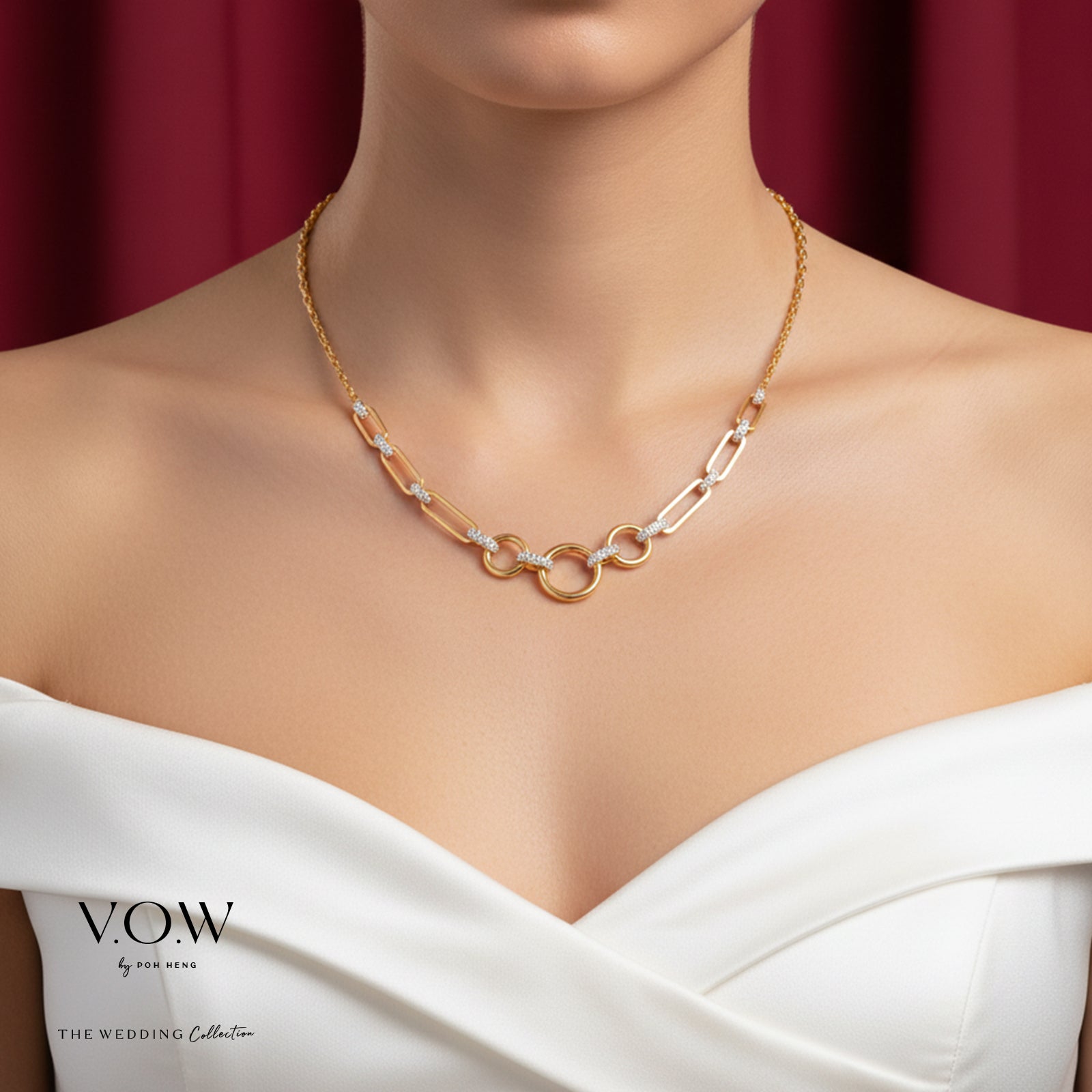 Circle of Glamour Necklace in 22K yellow and white gold with interlocking rings and sparkling accents.