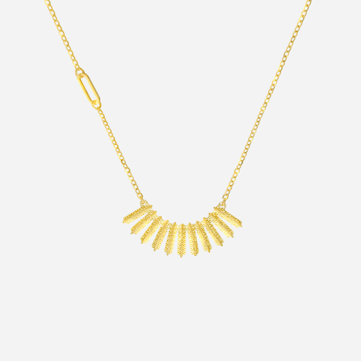 Golden Ray Necklace in 22K yellow gold with interlinked bars and textured discs in a sculptural design.