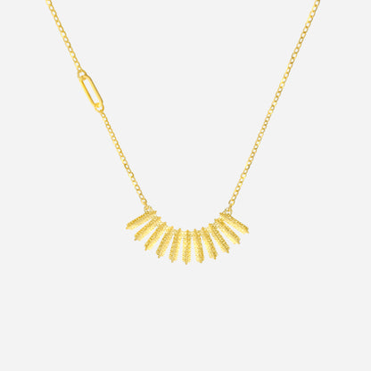 Golden Ray Necklace in 22K yellow gold with interlinked bars and textured discs in a sculptural design.