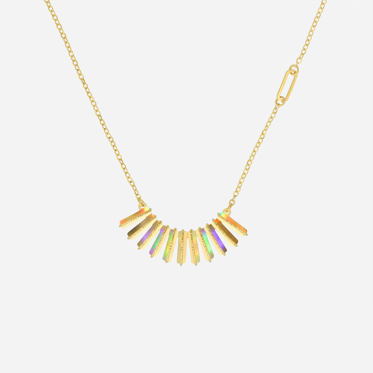 Golden Ray Necklace in 22K Yellow Gold with sculptural bar design and textured discs for a contemporary look.