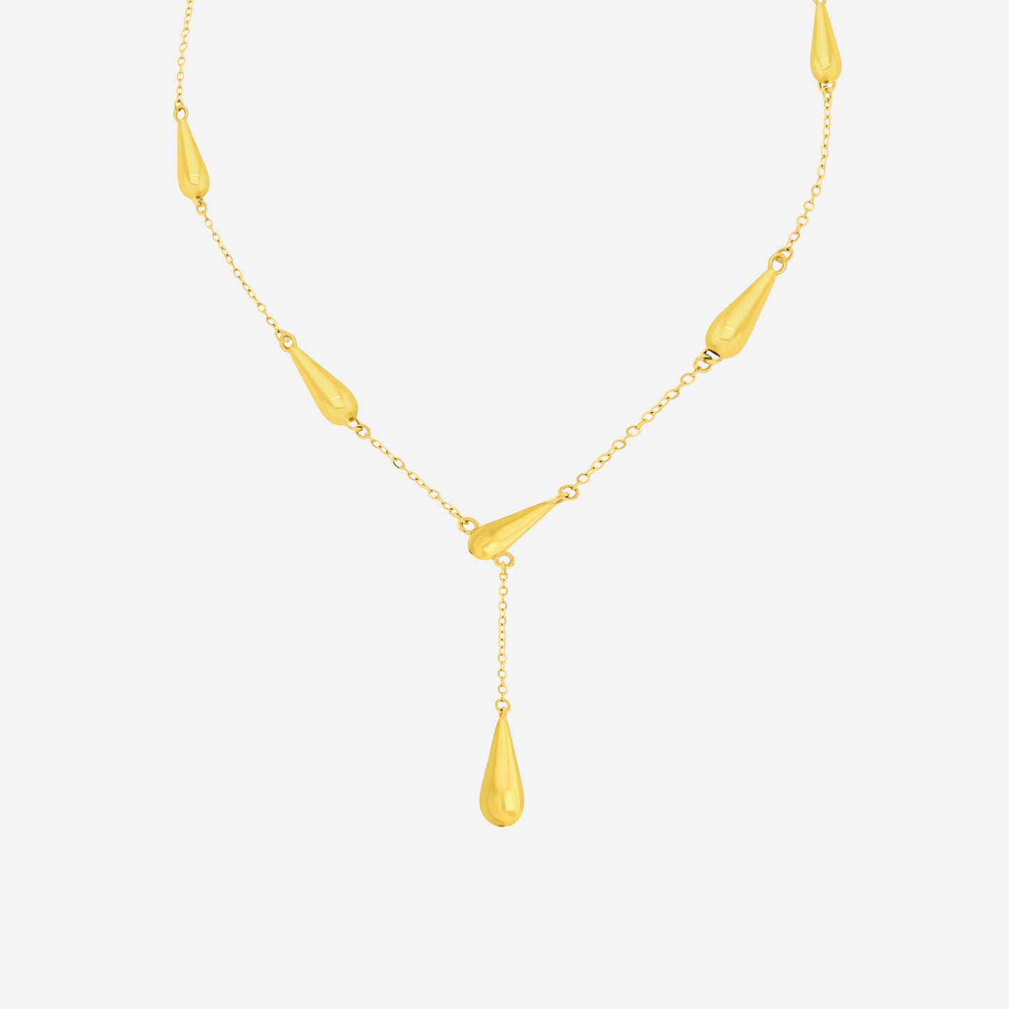 raindance necklace in 22k yellow gold with polished drops, draping gracefully along a delicate chain.