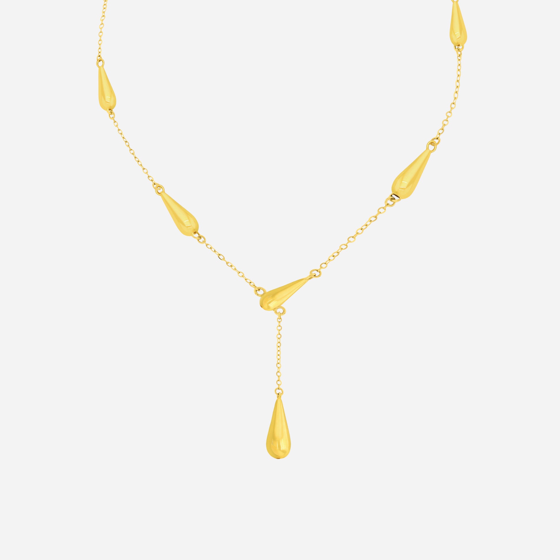 Raindance Necklace in 22K yellow gold with polished drops, draping gracefully along a delicate chain.