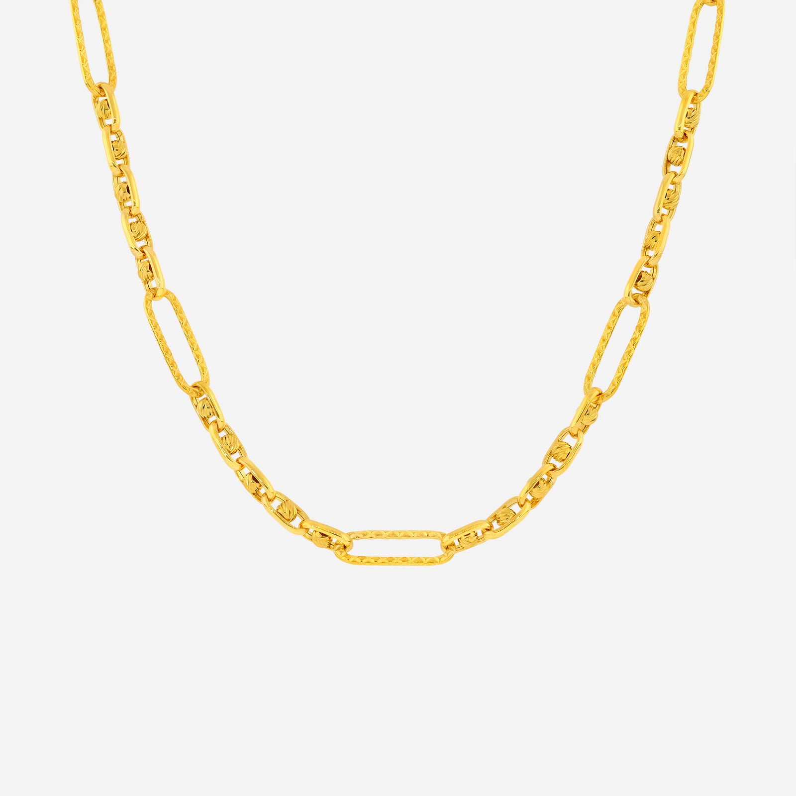 Belcher bead chain necklace in 22K yellow gold with elongated links and textured bead details for a stylish look.