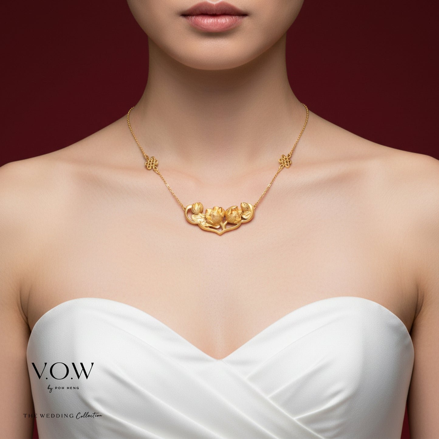 lotus harmony necklace in 24k yellow gold, featuring twin lotus blooms on a delicate chain, embodies blessings and elegance.