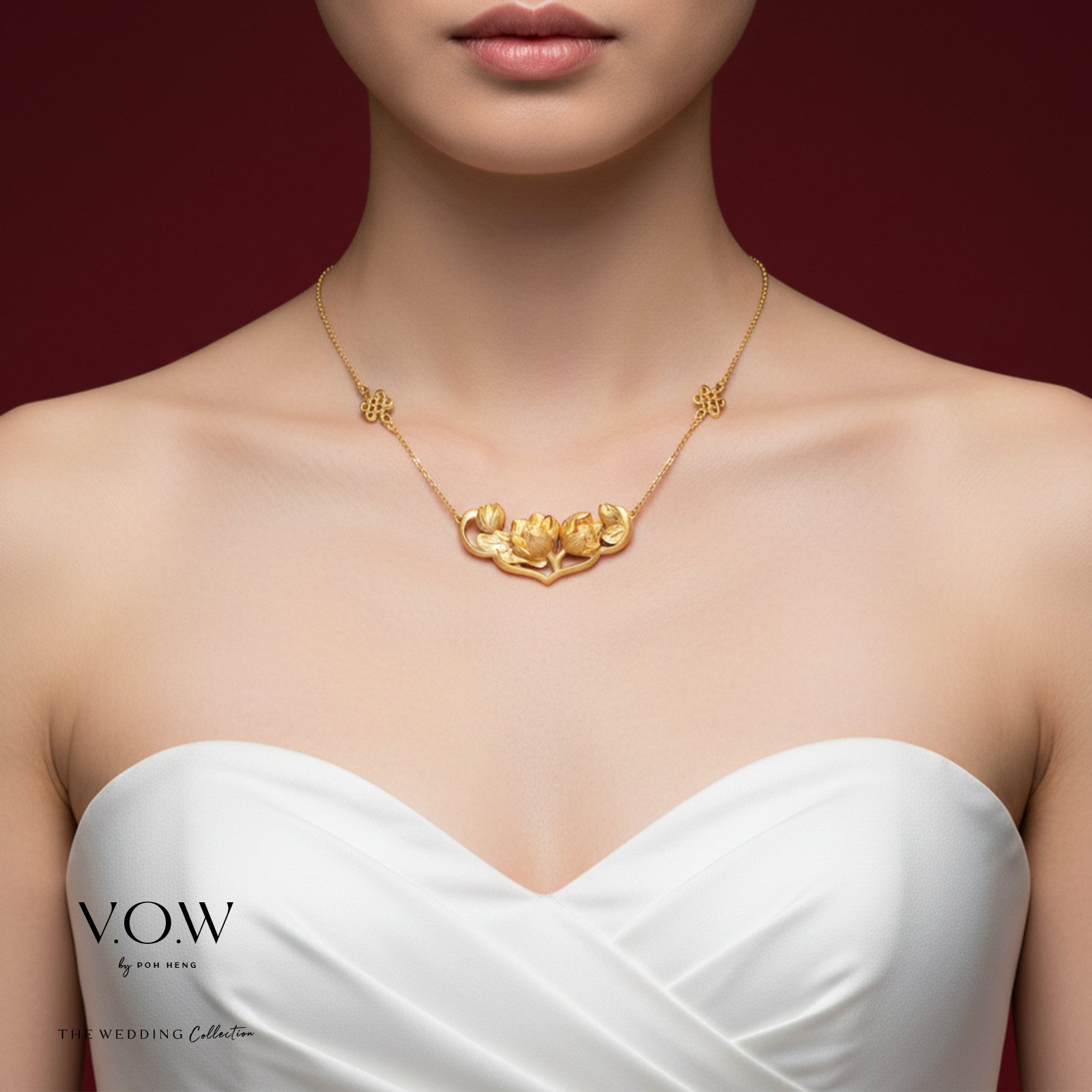 Lotus Harmony Necklace in 24K yellow gold, featuring twin lotus blooms on a delicate chain, embodies blessings and elegance.