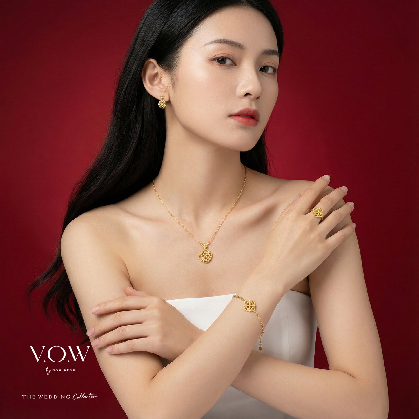 euphorbia necklace in 24k yellow gold featuring intricate detailing, worn elegantly with matching accessories.