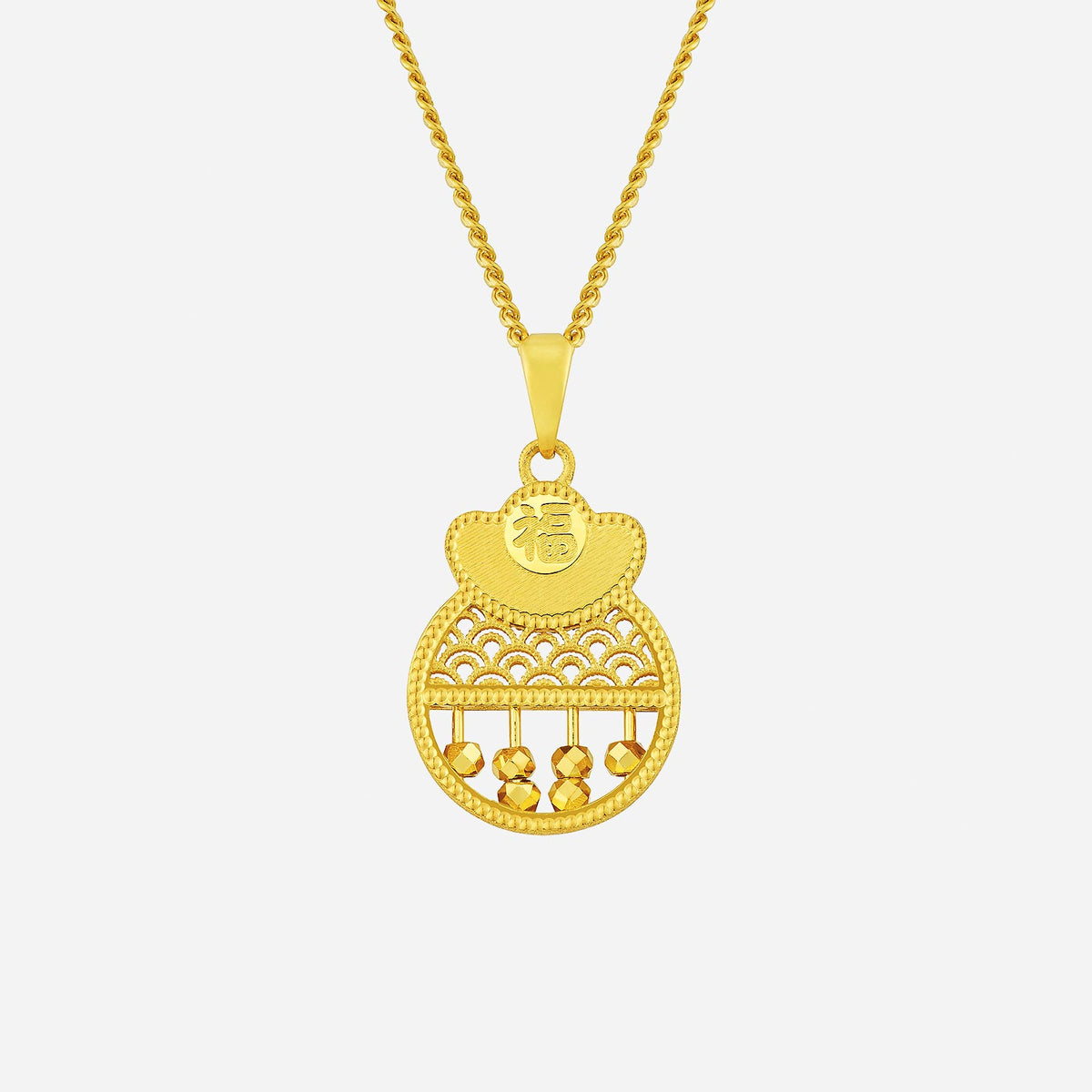 golden bag abacus pendant in 22k yellow gold with intricate detailing and hanging beads, symbolizing prosperity.