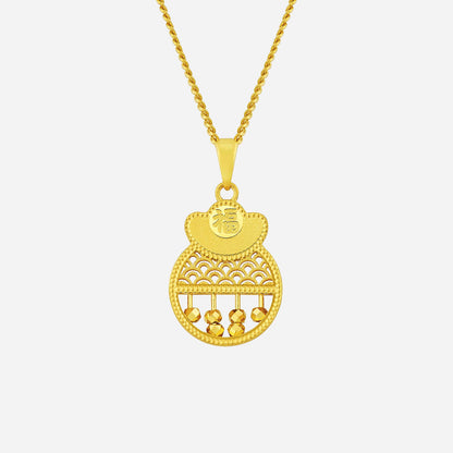 Golden Bag Abacus Pendant in 22K yellow gold with intricate detailing and hanging beads, symbolizing prosperity.