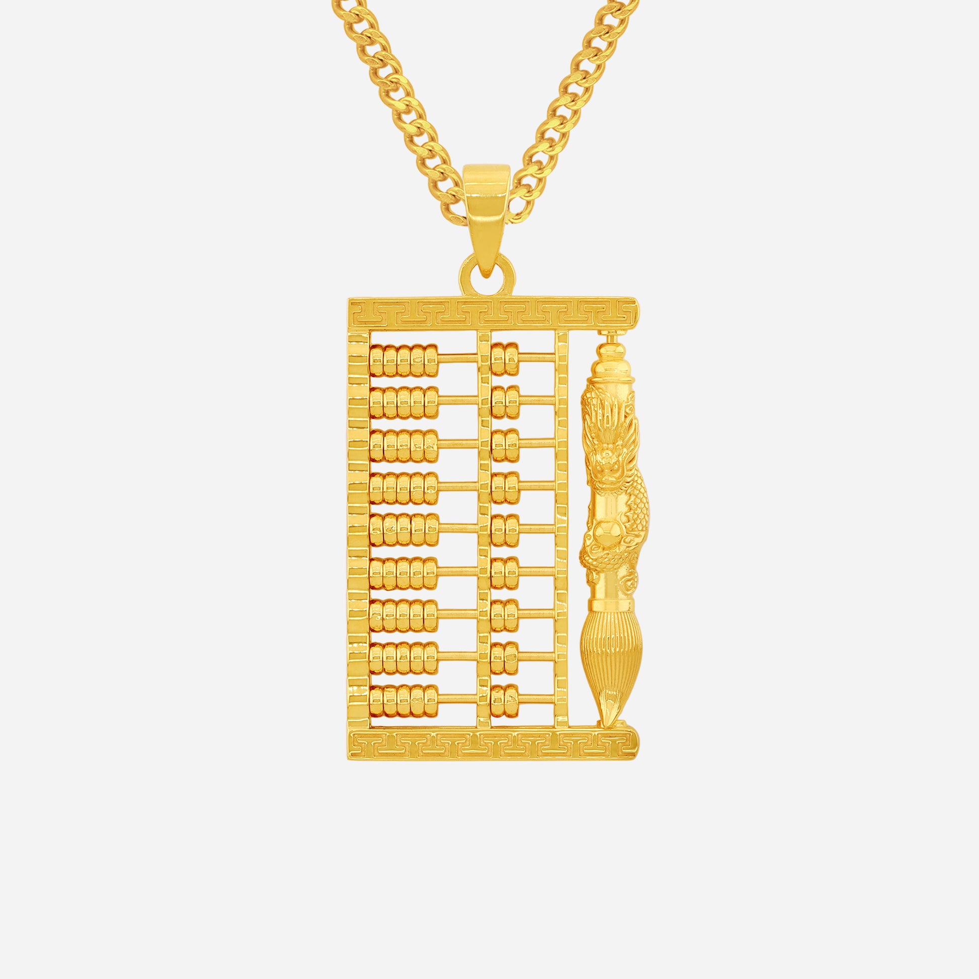 Dragon Abacus Pendant in 22K yellow gold, featuring a dragon and detailed abacus design, symbolizing wisdom and prosperity.