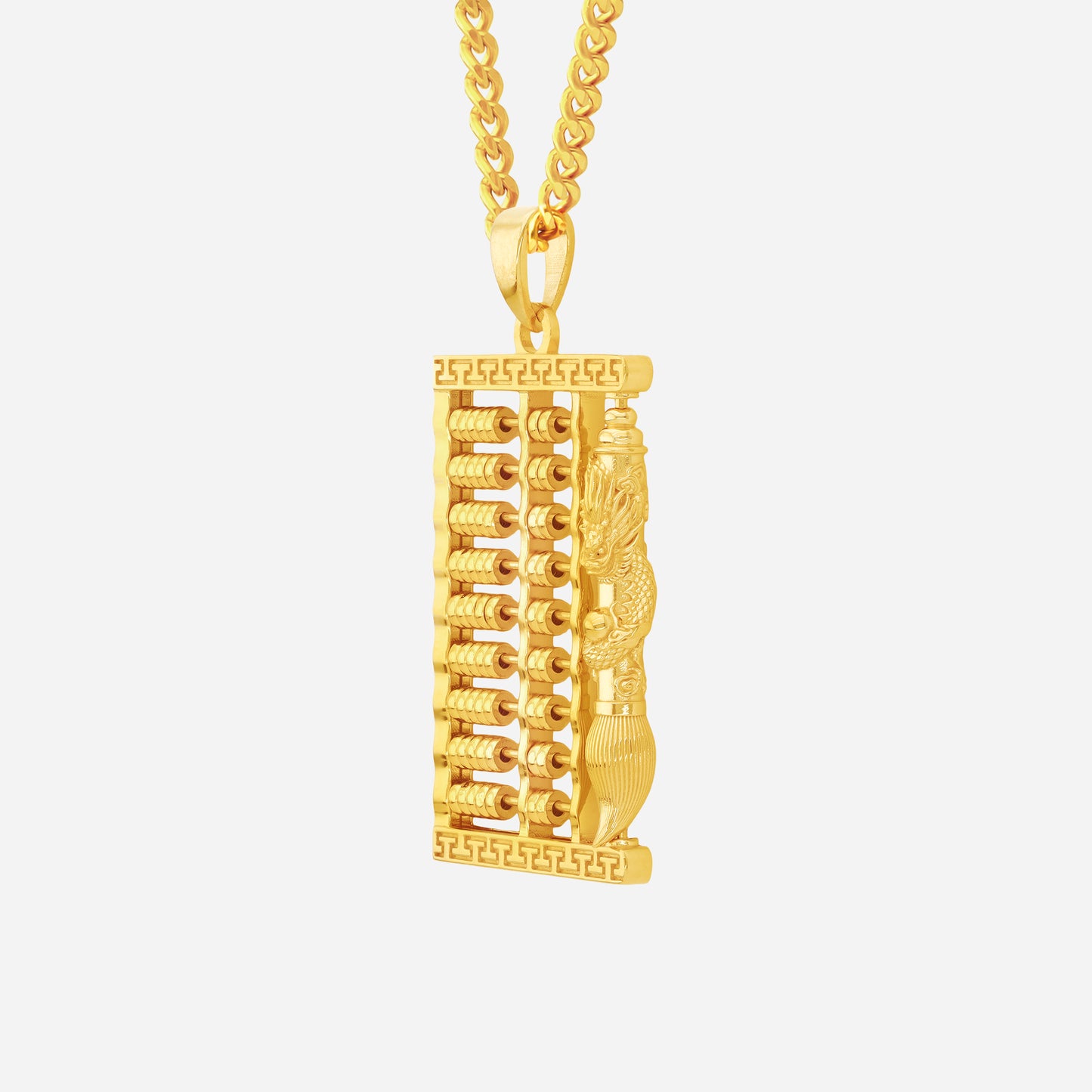 dragon abacus pendant in 22k yellow gold featuring a sculpted dragon and detailed abacus design. chain sold separately.