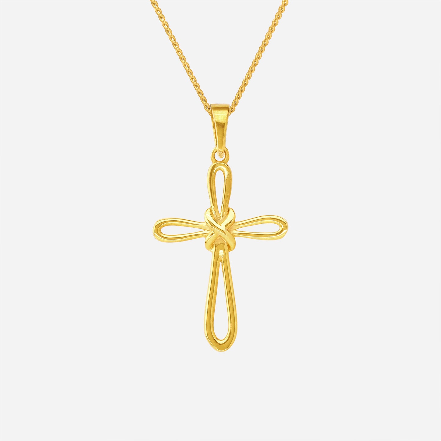 knot of cross pendant in 22k yellow gold with open cross silhouette and elegant knot detailing.