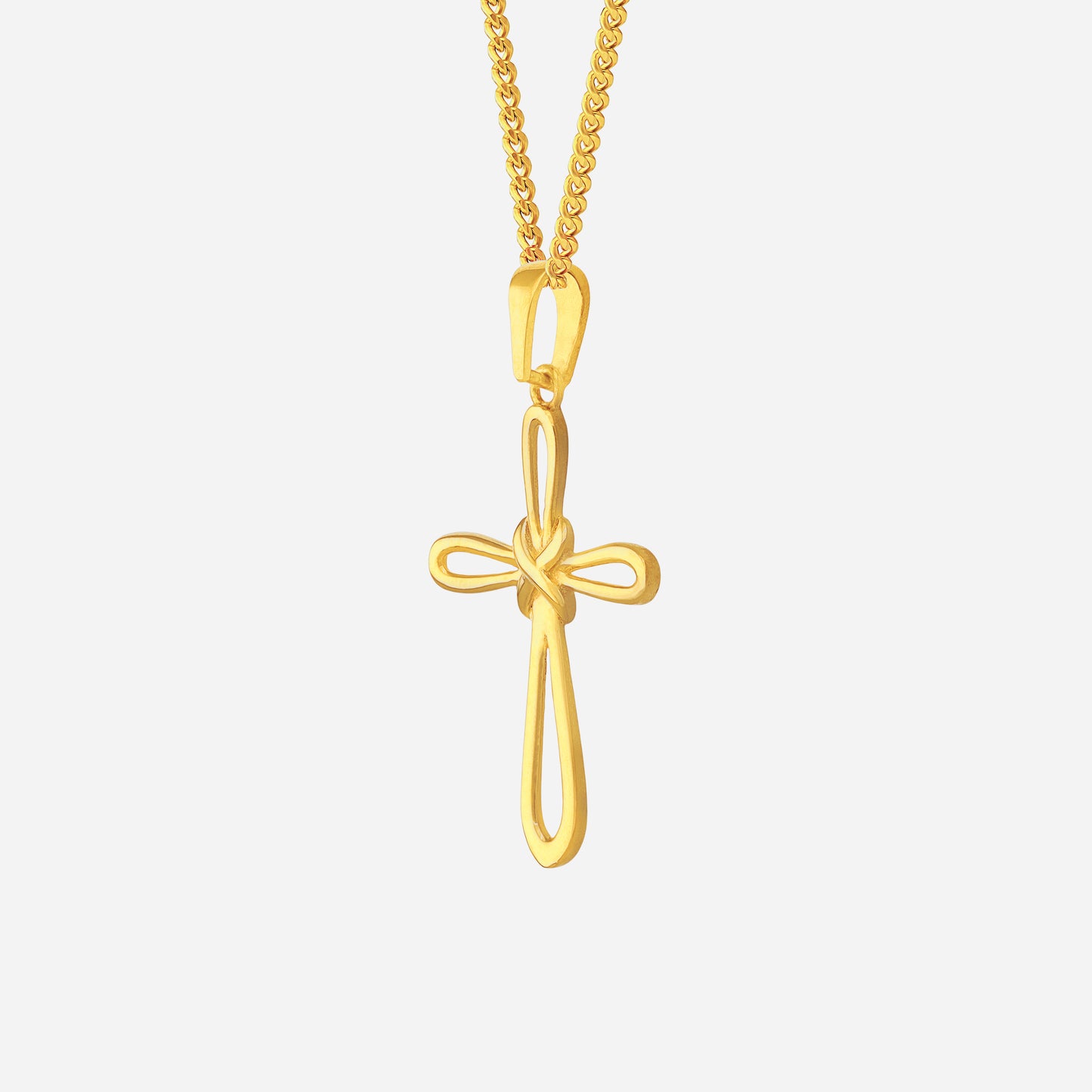 knot of cross pendant in 22k yellow gold with intricate knot detailing and open cross silhouette. chain not included.