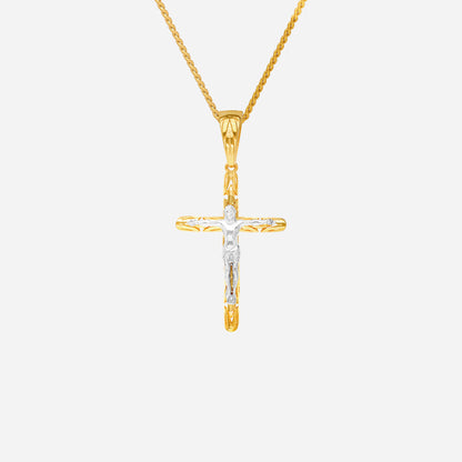 Crucifix pendant in 22K yellow and white gold, sculpted cross design with a central figure. Chain not included.