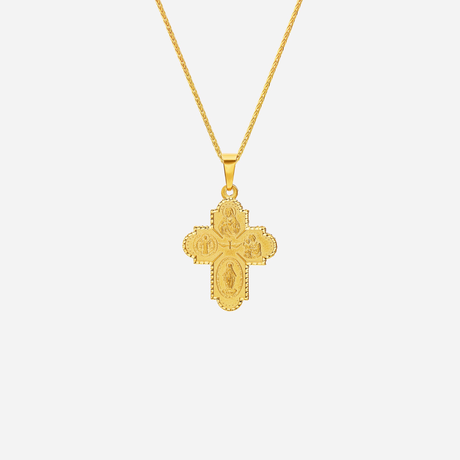 Four Way Cross Pendant in 22K yellow gold with intricate religious designs and a central Dove of Peace.