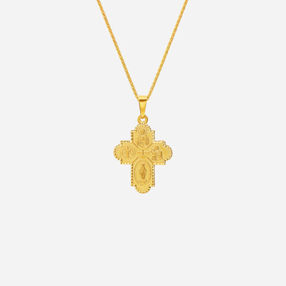 Four Way Cross Pendant in 22K yellow gold with intricate religious designs and a central Dove of Peace.