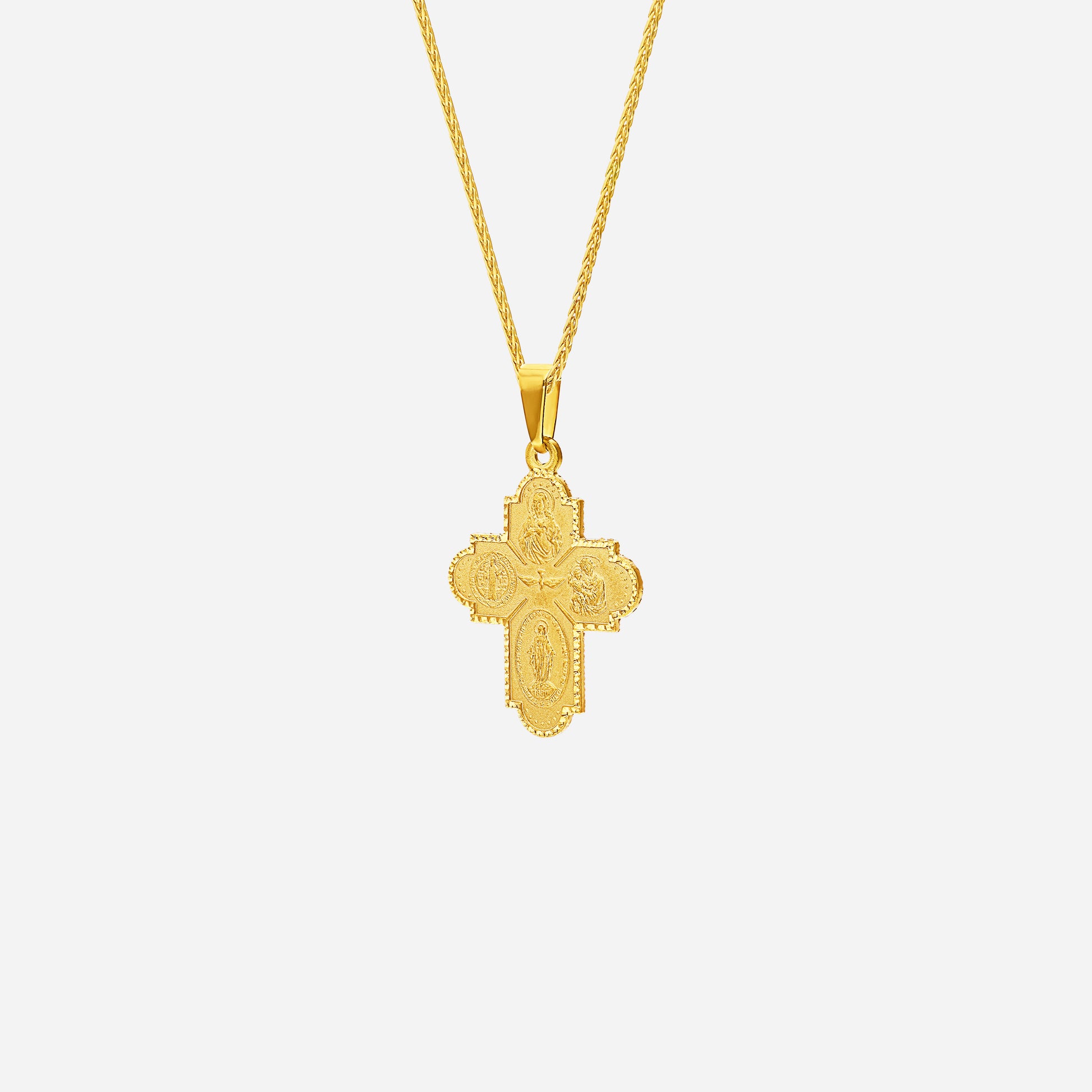 Four Way Cross Pendant in 22K Yellow Gold with intricate religious engravings and a delicate chain.
