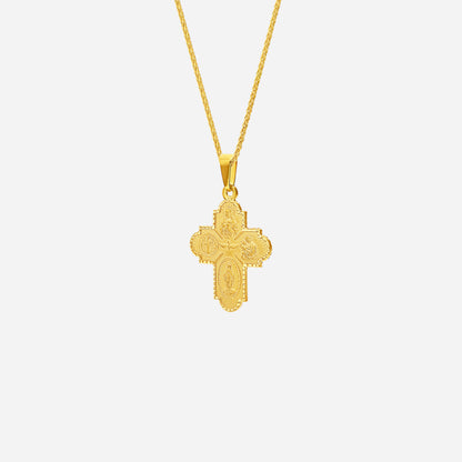 Four Way Cross Pendant in 22K Yellow Gold with intricate religious engravings and a delicate chain.