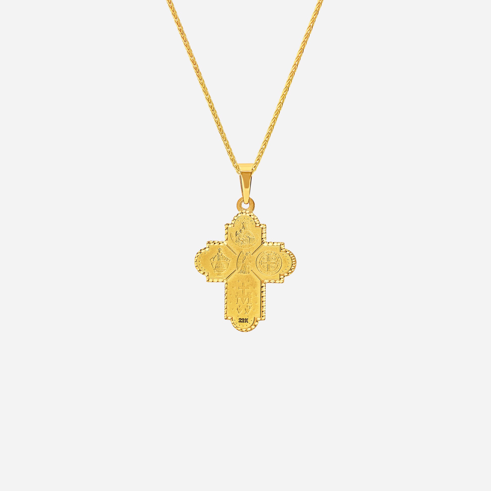 Four Way Cross Pendant in 22K yellow gold featuring intricate religious symbols and a central Dove of Peace design.