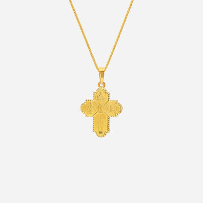 Four Way Cross Pendant in 22K yellow gold featuring intricate religious symbols and a central Dove of Peace design.