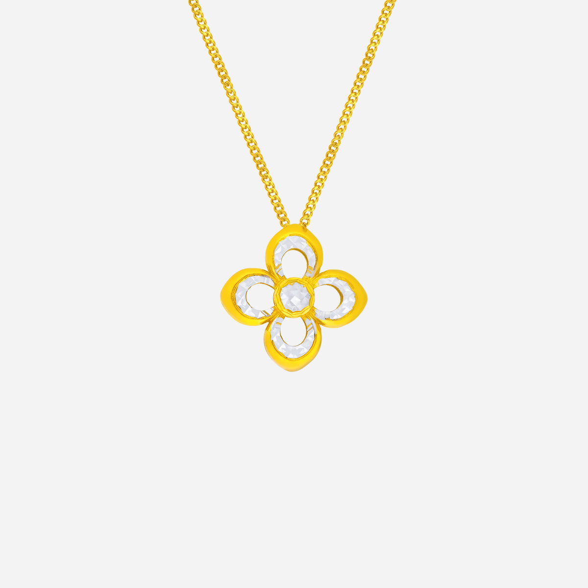 Radiant Bloom Pendant in yellow and white gold featuring a four-petal design with a faceted center gemstone.