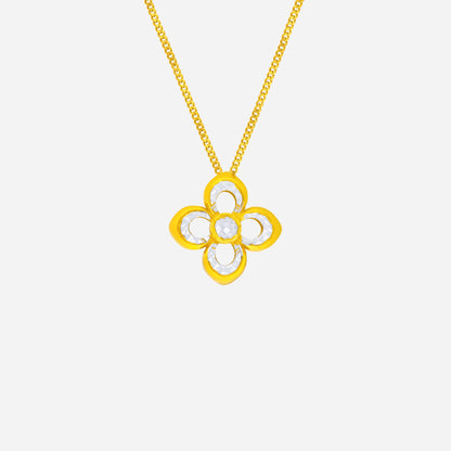 Radiant Bloom Pendant in yellow and white gold featuring a four-petal design with a faceted center gemstone.