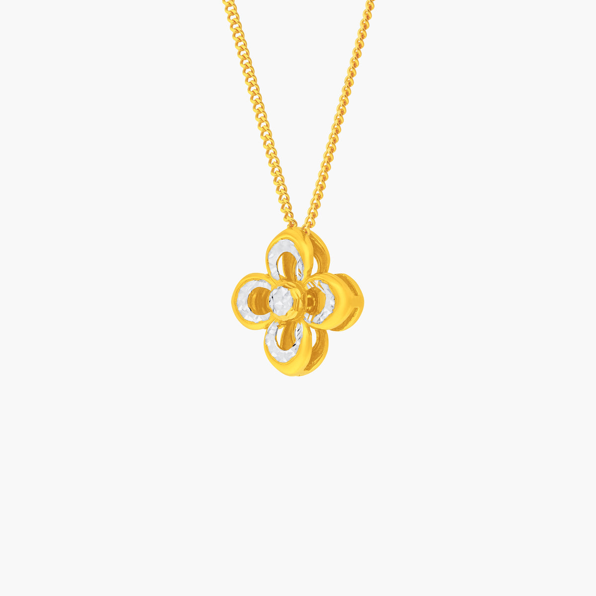 Radiant Bloom Pendant in yellow and white gold with a four-petal openwork design and central gemstone.