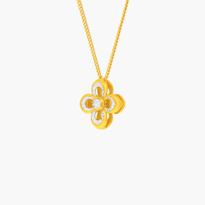 Radiant Bloom Pendant in yellow and white gold with a four-petal openwork design and central gemstone.