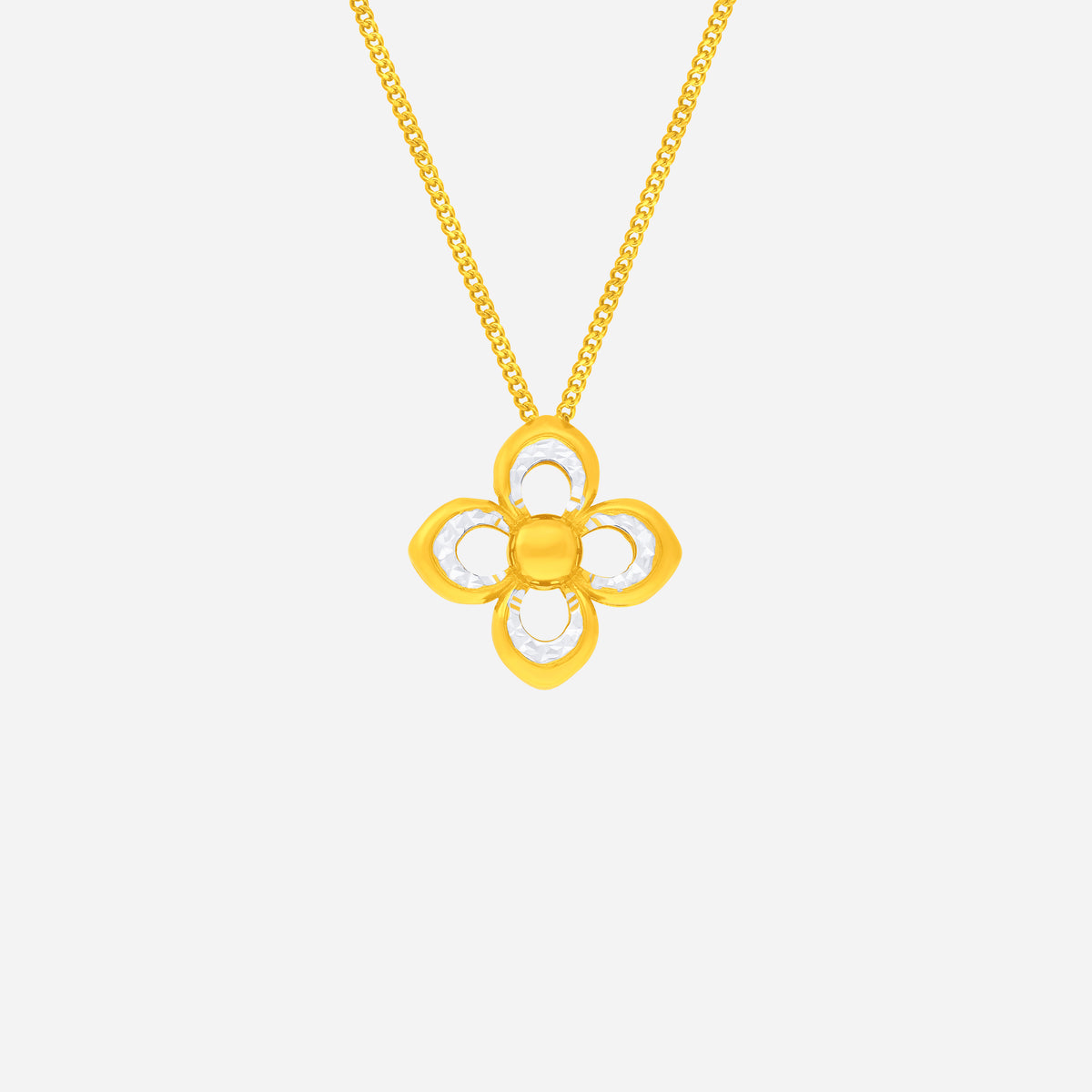 Radiant Bloom Pendant in yellow and white gold, featuring a four-petal motif with a faceted center. Perfect for any occasion.