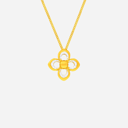 Radiant Bloom Pendant in yellow and white gold, featuring a four-petal motif with a faceted center. Perfect for any occasion.