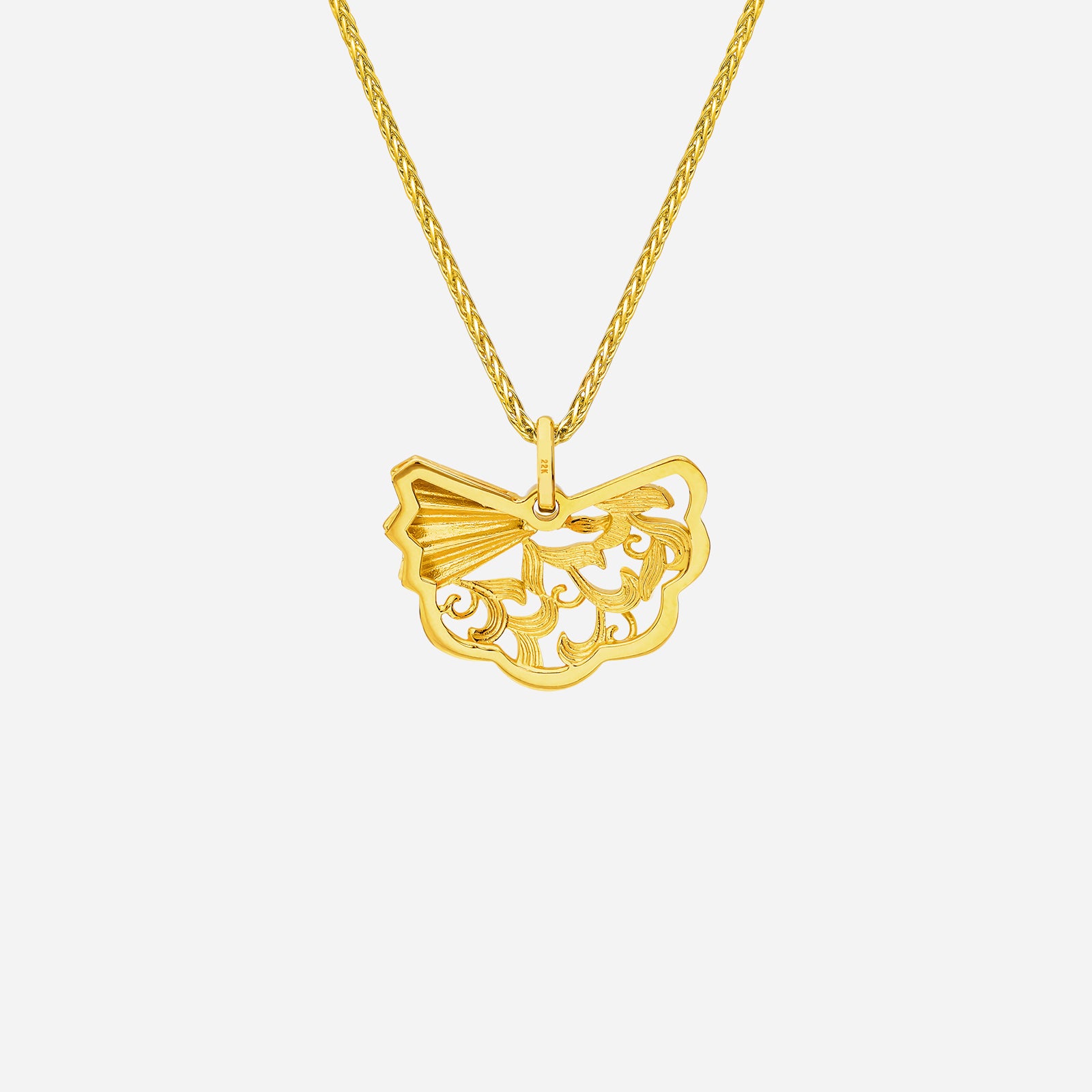 Legacy Fan Pendant in 22K yellow gold, featuring intricate lacework in a graceful fan silhouette.