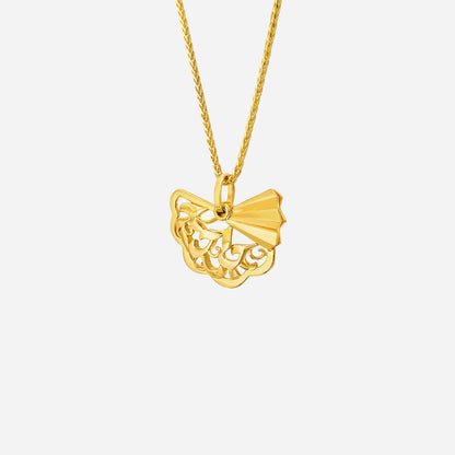 Legacy Fan Pendant in 22K yellow gold features intricate lacework and a delicate fan design with a knot detail.